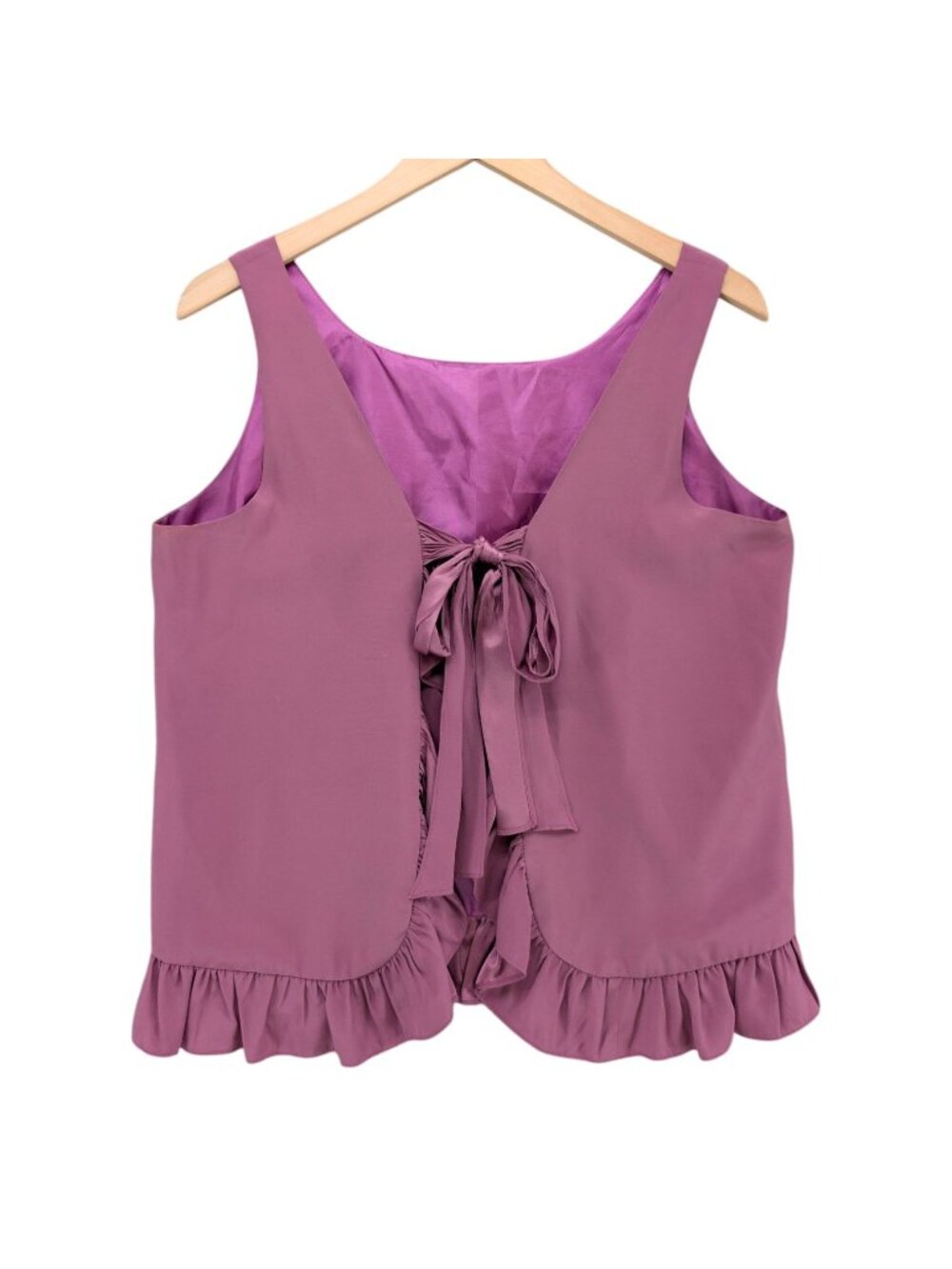 LaRoque Tie Front Vest Top Womens Purple Satin Lined Ruffle Trim V Neck Size 4